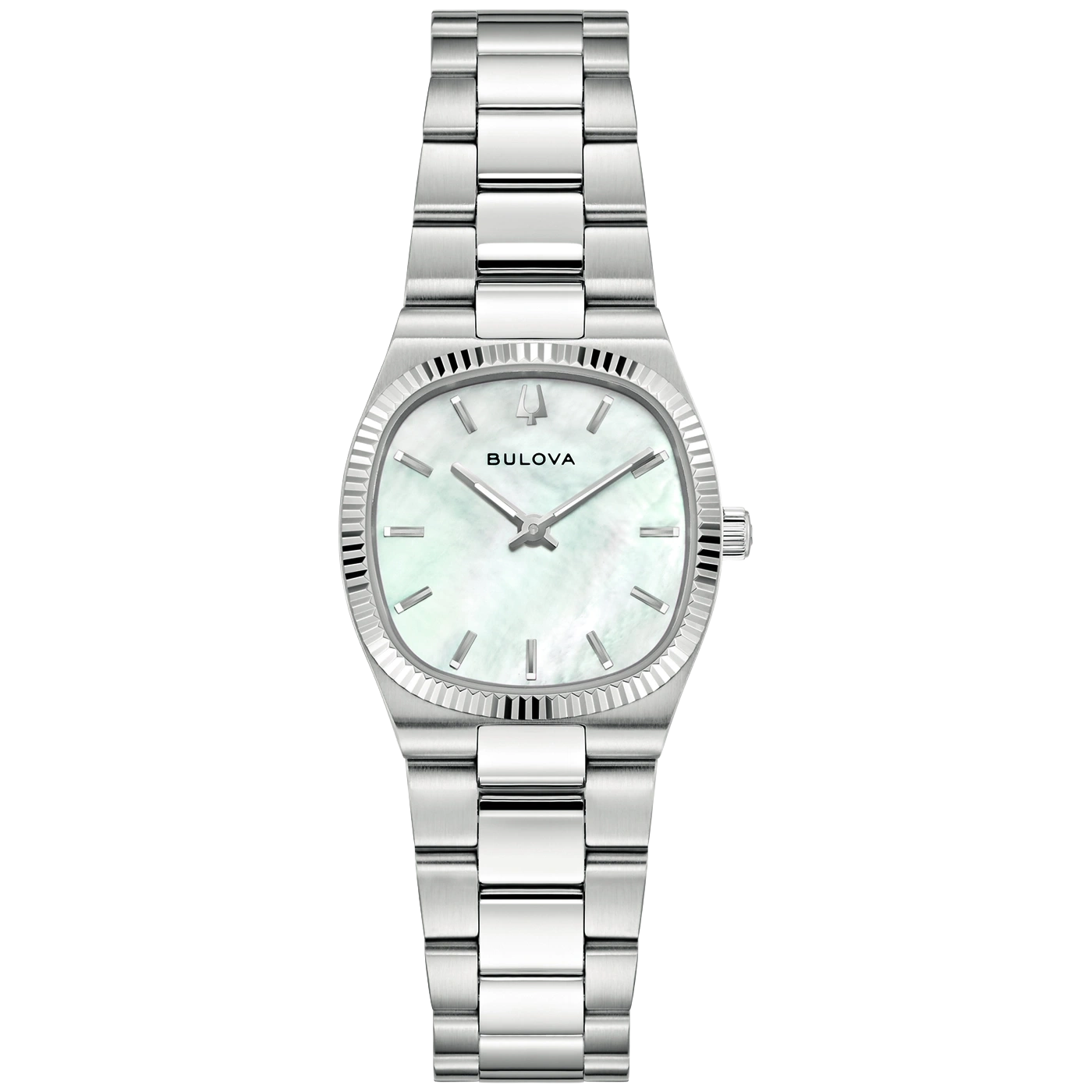 Eine silberne Bulova-Damenuhr mit Perlmuttzifferblatt und geriffeltem Lünettenrand.
