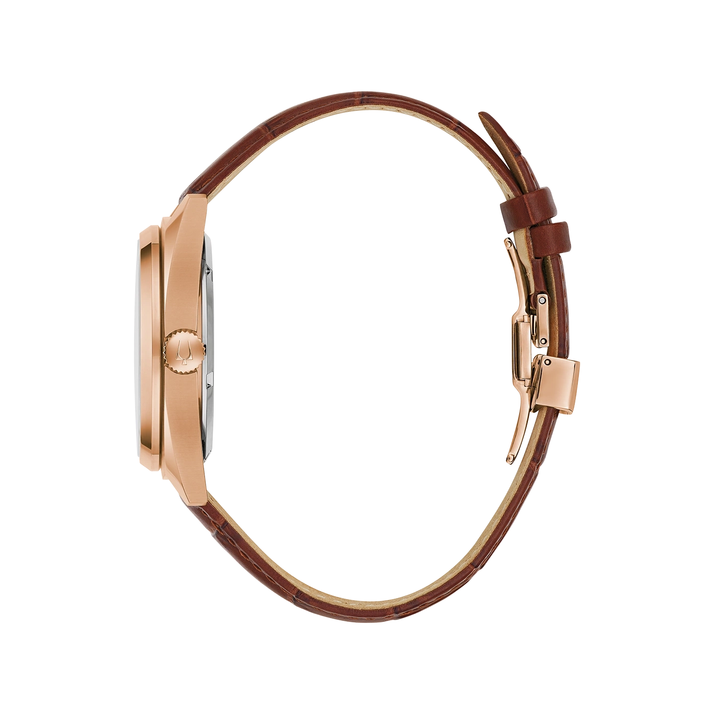 Goldene Uhr mit braunem Lederarmband, Detailaufnahme, elegantes Design, Modeaccessoire.