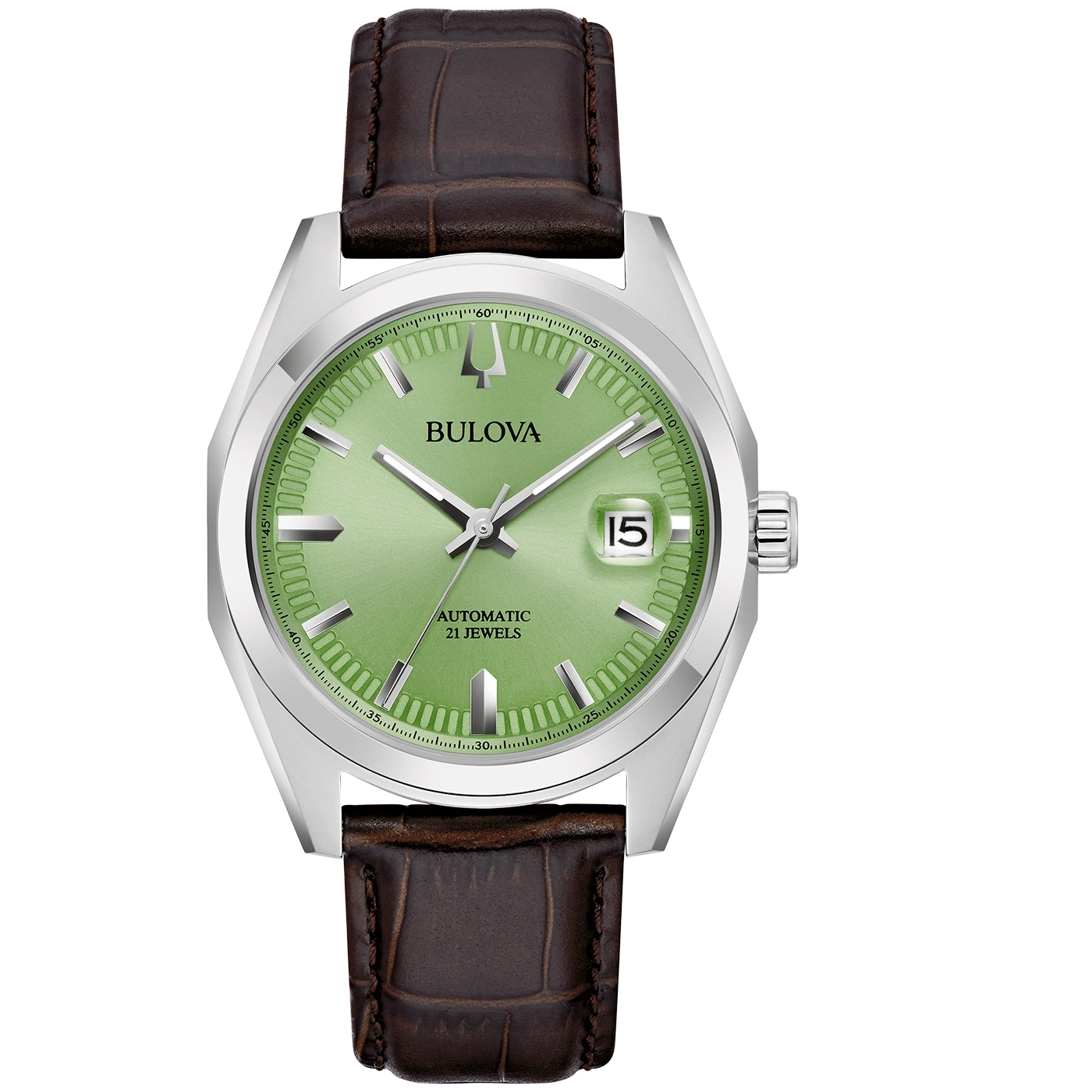 Bulova-Uhr mit grünem Zifferblatt und braunem Lederarmband, Datum