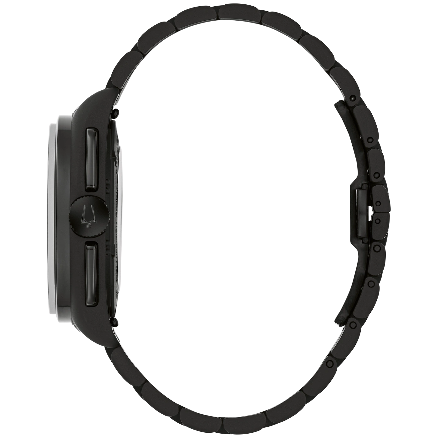 Ein schwarzes Armbanduhrprofil mit Krone und Knöpfen auf der Seite.