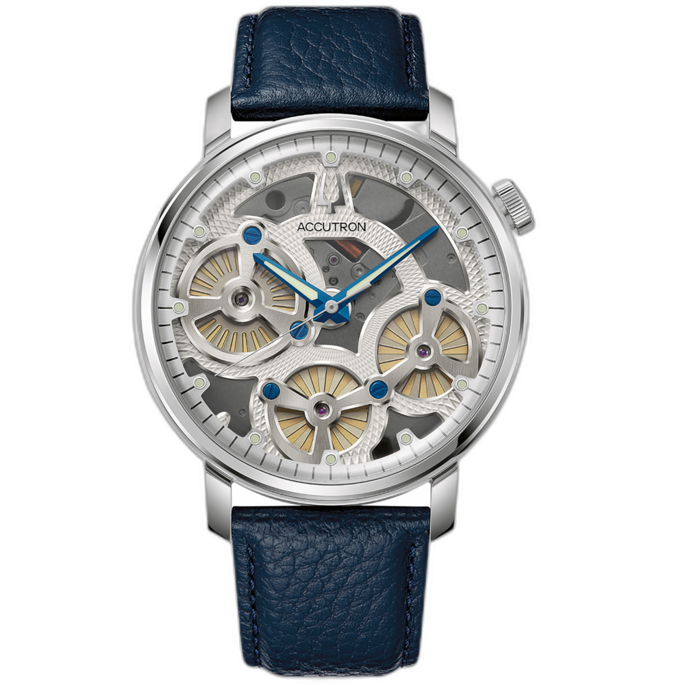 Accutron Uhr mit blauem Lederarmband und skelettiertem Zifferblatt