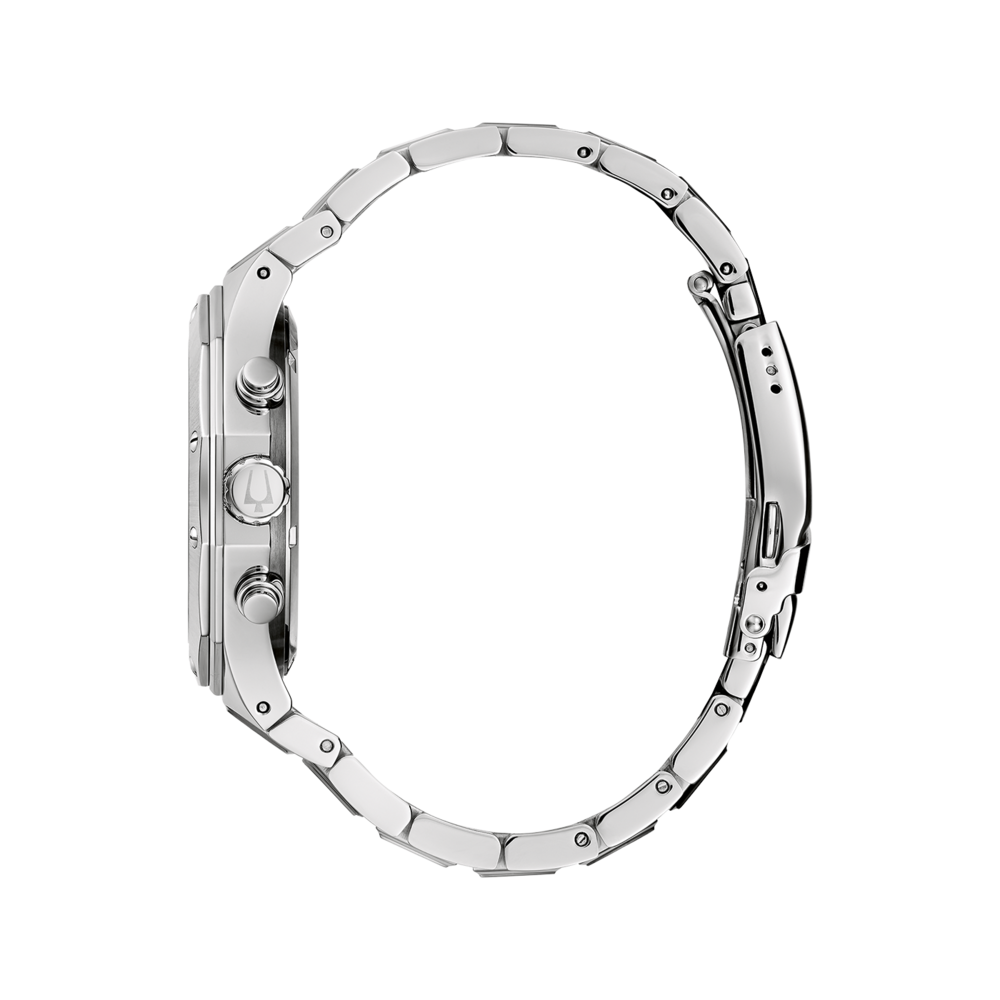 Silberne Uhr mit Armband, Seitenansicht, Detailaufnahme, elegant, modern