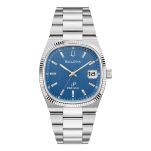 Bulova-Uhr mit blauem Zifferblatt und silbernem Armband, Datum 18