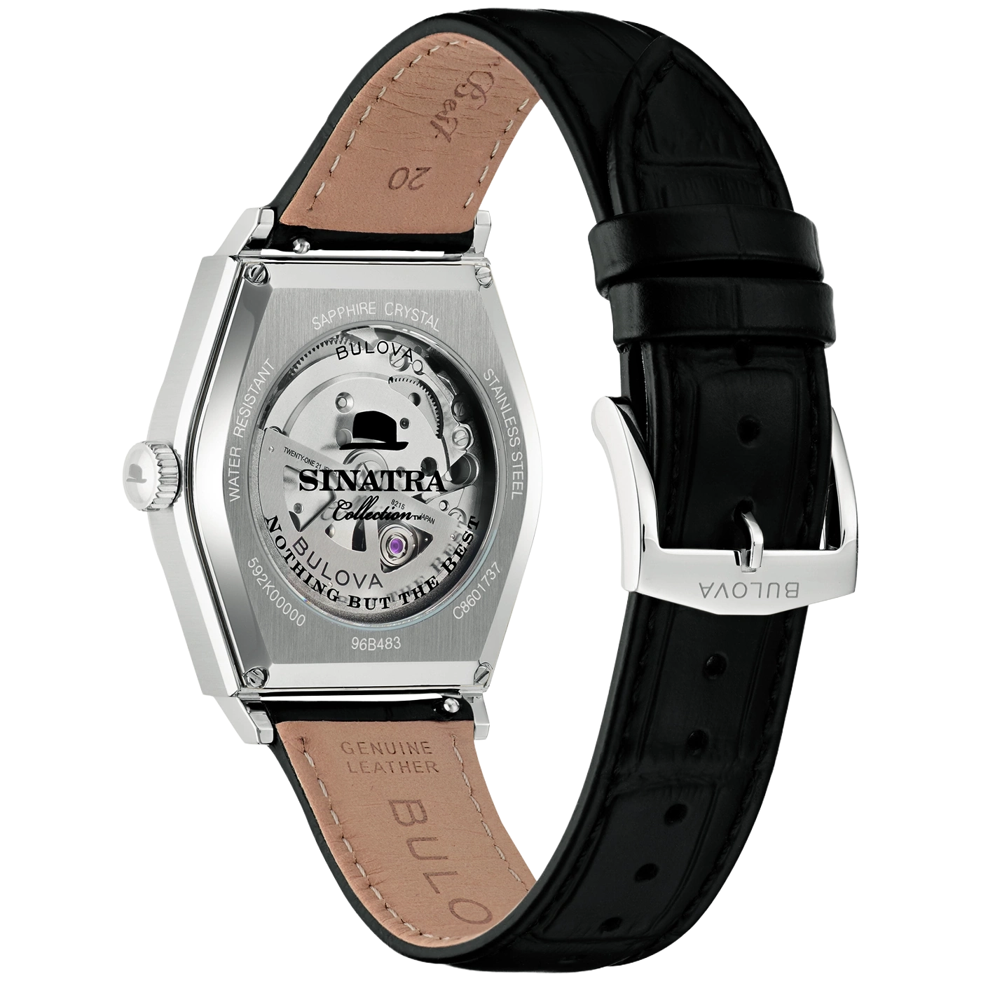 Rückseite einer silbernen Bulova Sinatra Kollektion Uhr mit schwarzem Lederarmband.
