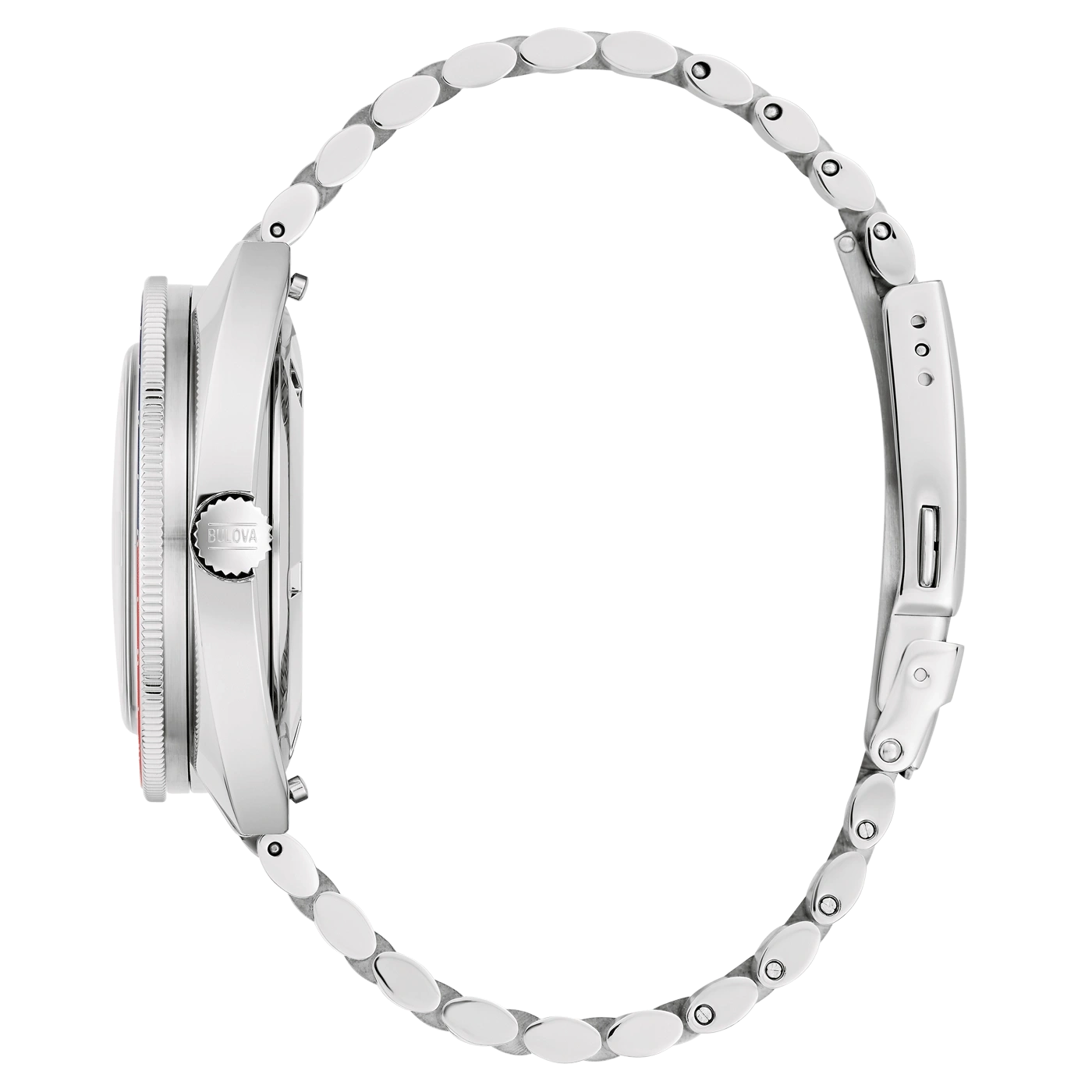 Bulova-Uhr, silbernes Armband, Detailaufnahme, Seitenansicht, elegantes Design, Accessoire