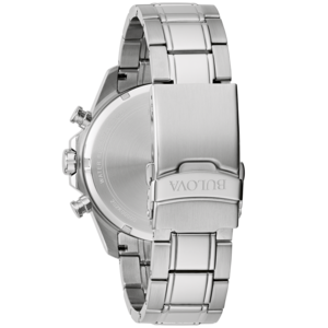 Bulova-Uhr, Edelstahlarmband, silberfarben, Detailaufnahme, Nahaufnahme, Rückseite