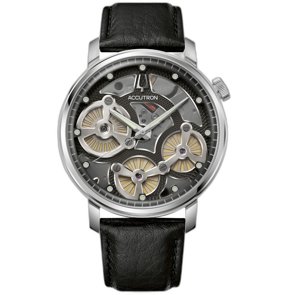 Accutron Uhr mit schwarzem Lederarmband und transparentem Zifferblatt