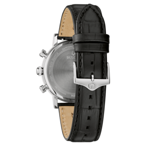 Schwarze Uhr mit Lederarmband, Detailaufnahme, Nahaufnahme, Uhrwerk, Zifferblatt
