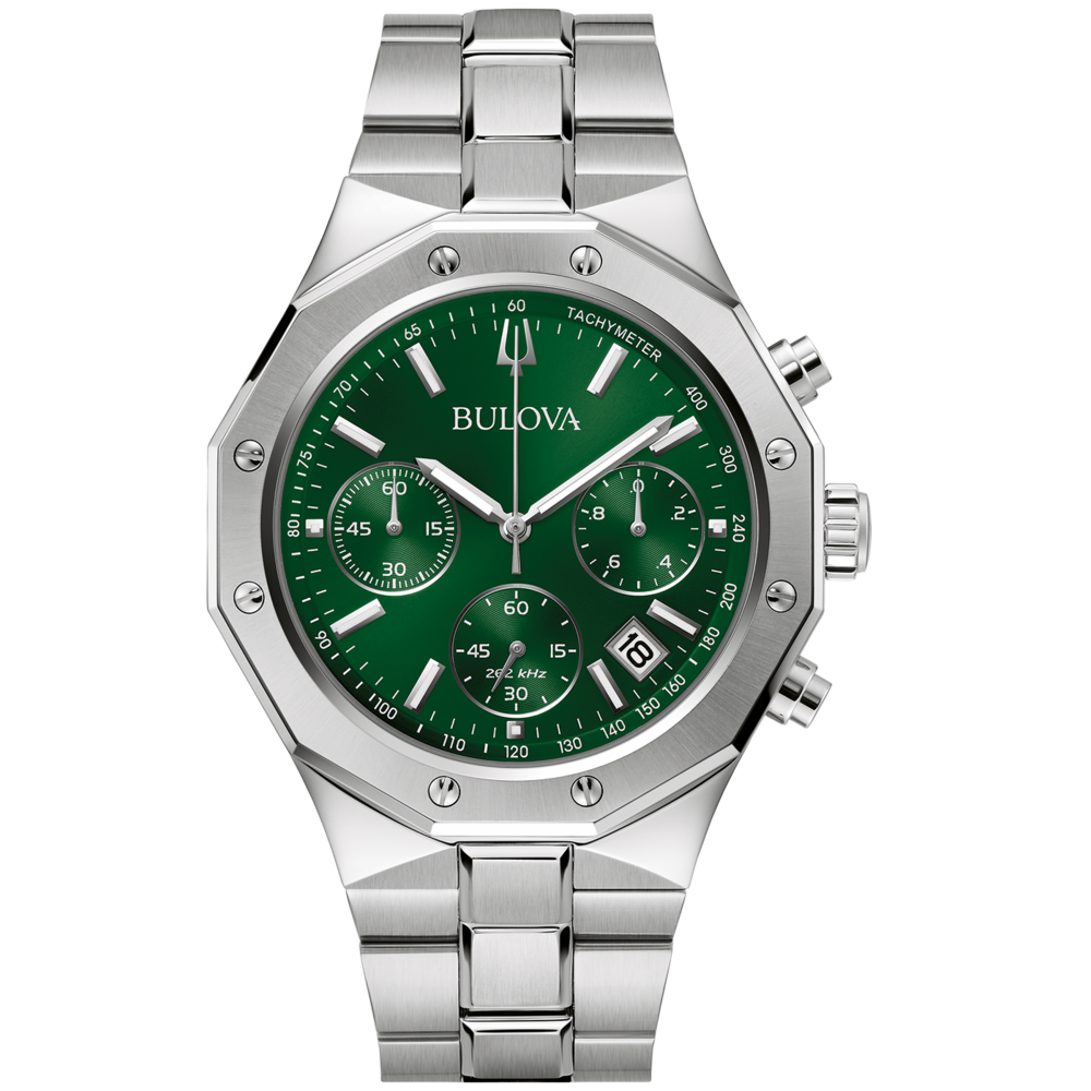 Bulova-Uhr mit grünem Zifferblatt und silbernem Armband, Chronograph-Funktion.