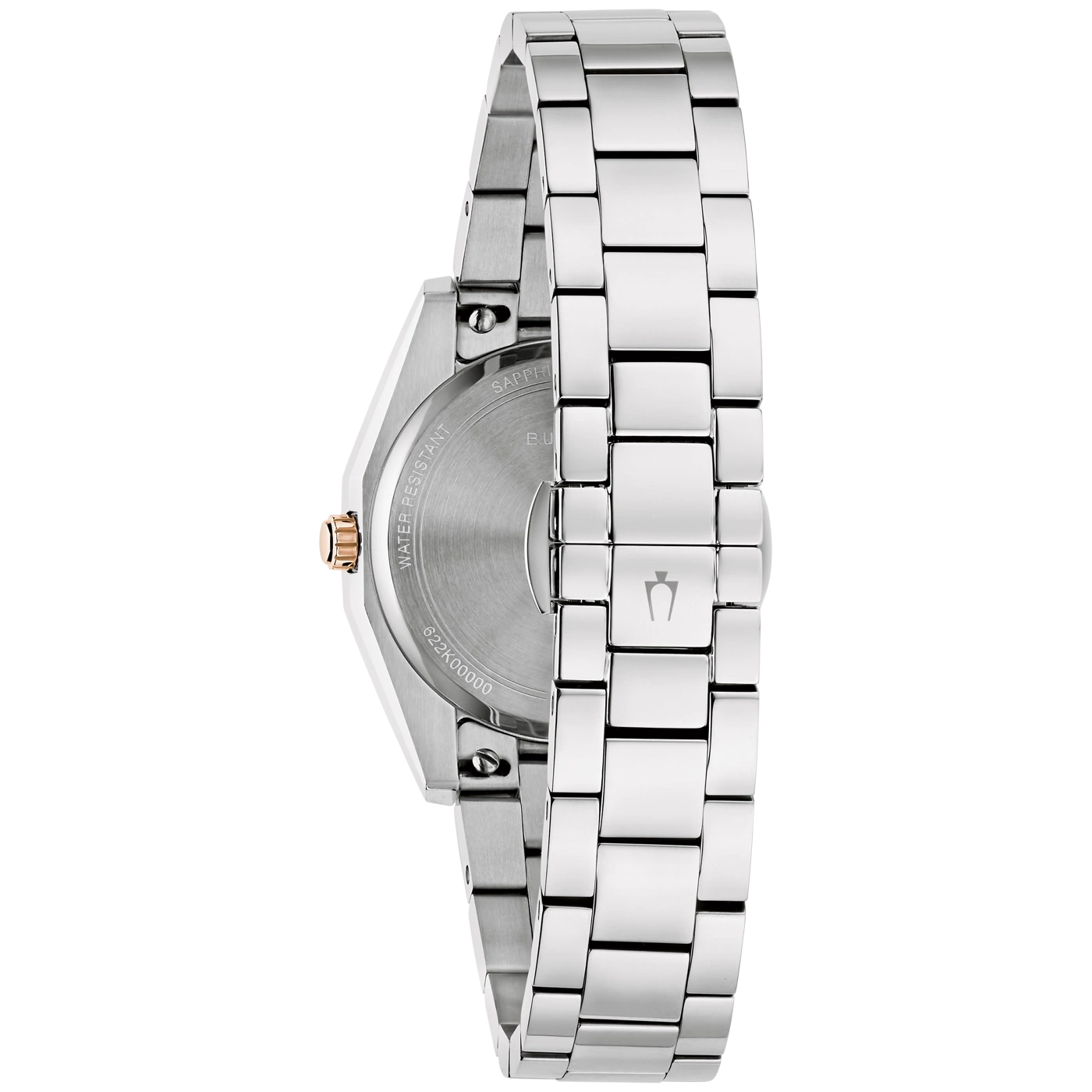 Ein silbernes Armbanduhr-Gehäuse mit der Aufschrift "WATER RESISTANT" und "SAPPHIRE".
