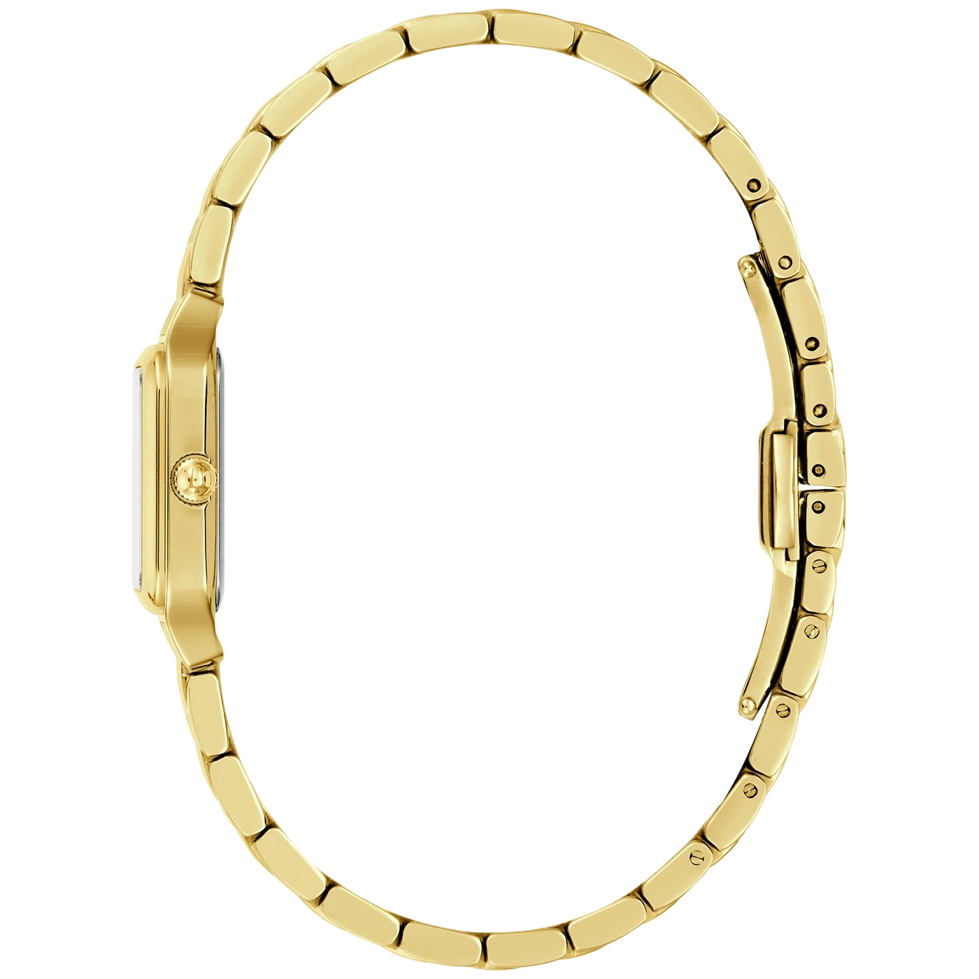 Goldene Damenuhr mit rechteckigem Gehäuse und Gliederarmband