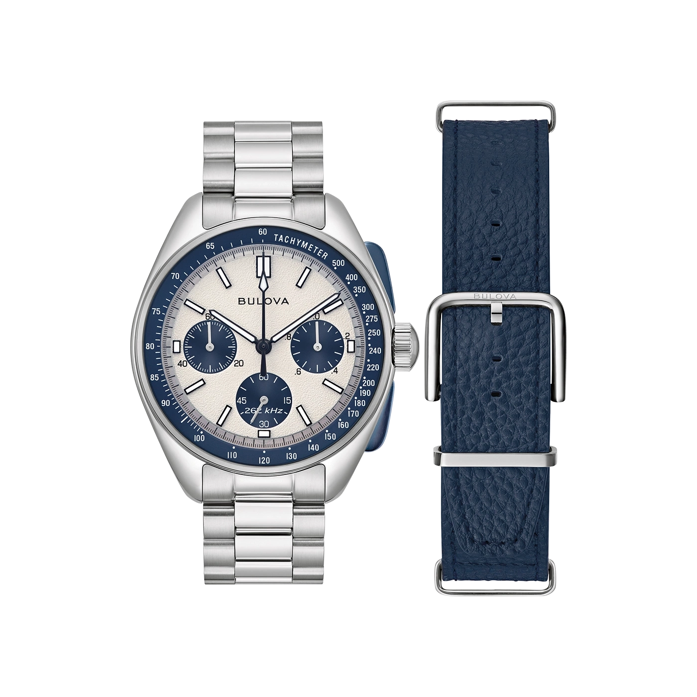 Bulova-Uhr mit blauem Zifferblatt und Armband, Tachymeter-Funktion.