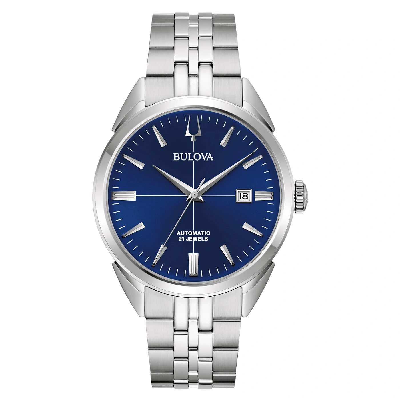 Bulova-Uhr mit blauem Zifferblatt und silbernem Armband, elegant und stilvoll.