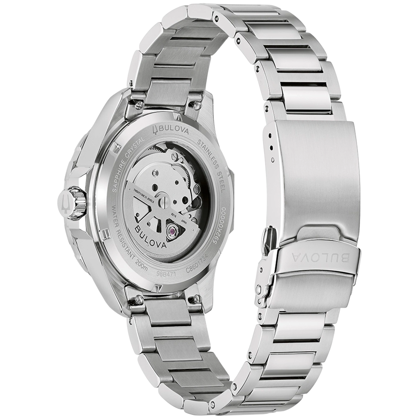 Rückseite einer silbernen Bulova-Uhr mit Sicht auf das Uhrwerk und das Armband.