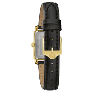 Schwarze Lederarmbanduhr mit goldfarbenem Gehäuse und Schnalle, Nahaufnahme.
