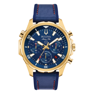 Goldene Bulova Marine Star Uhr mit blauem Zifferblatt und Armband.