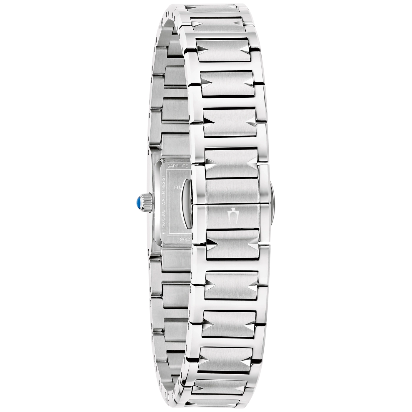Eine nahaufnahme einer silbern metallischen uhrenarmband mit blauem knopf