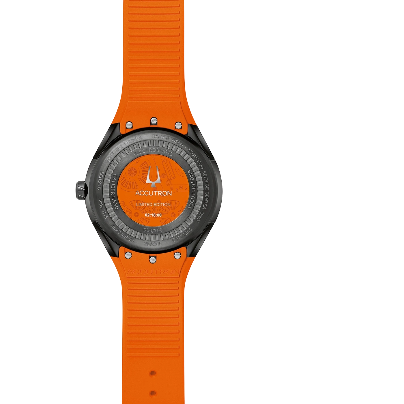 Orange Accutron Uhr mit schwarzem Gehäuse und orangefarbenem Armband, Limited Edition.