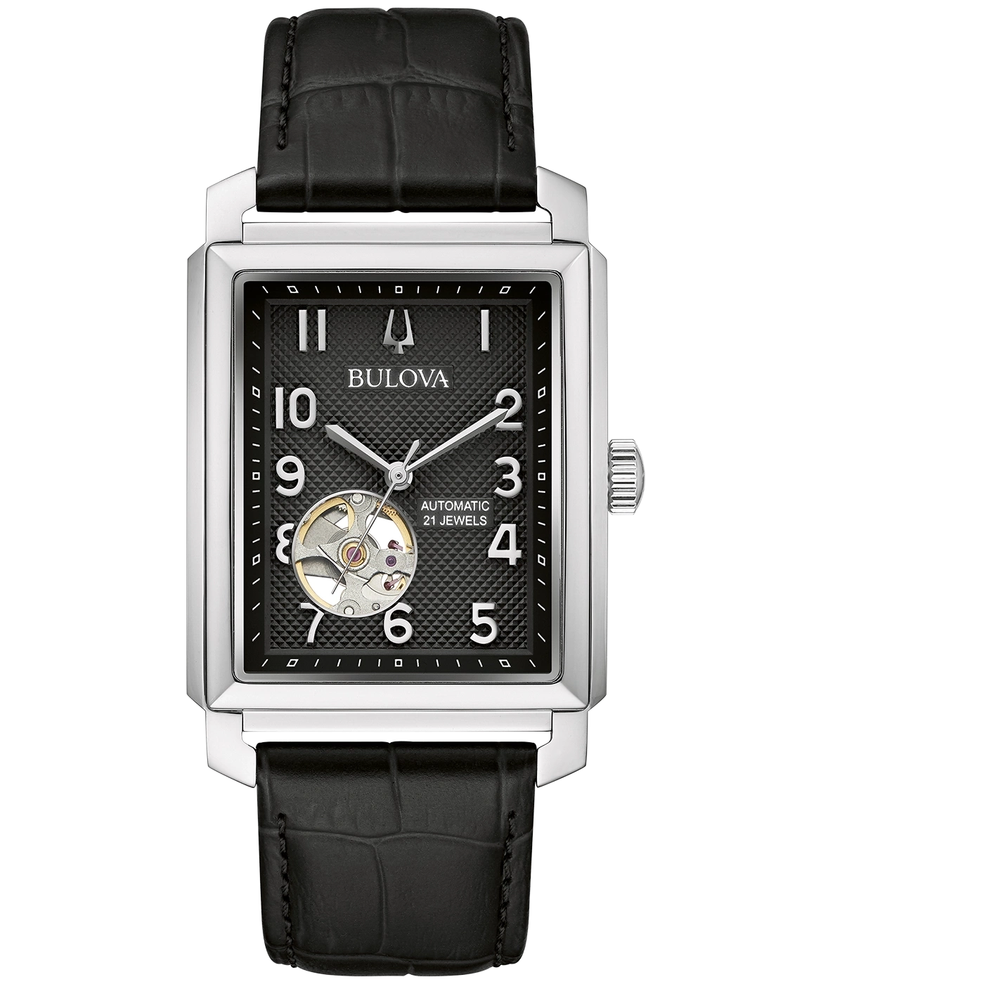 Bulova Herrenuhr, rechteckiges Zifferblatt, schwarzes Lederarmband, Automatikwerk, 21 Jewels