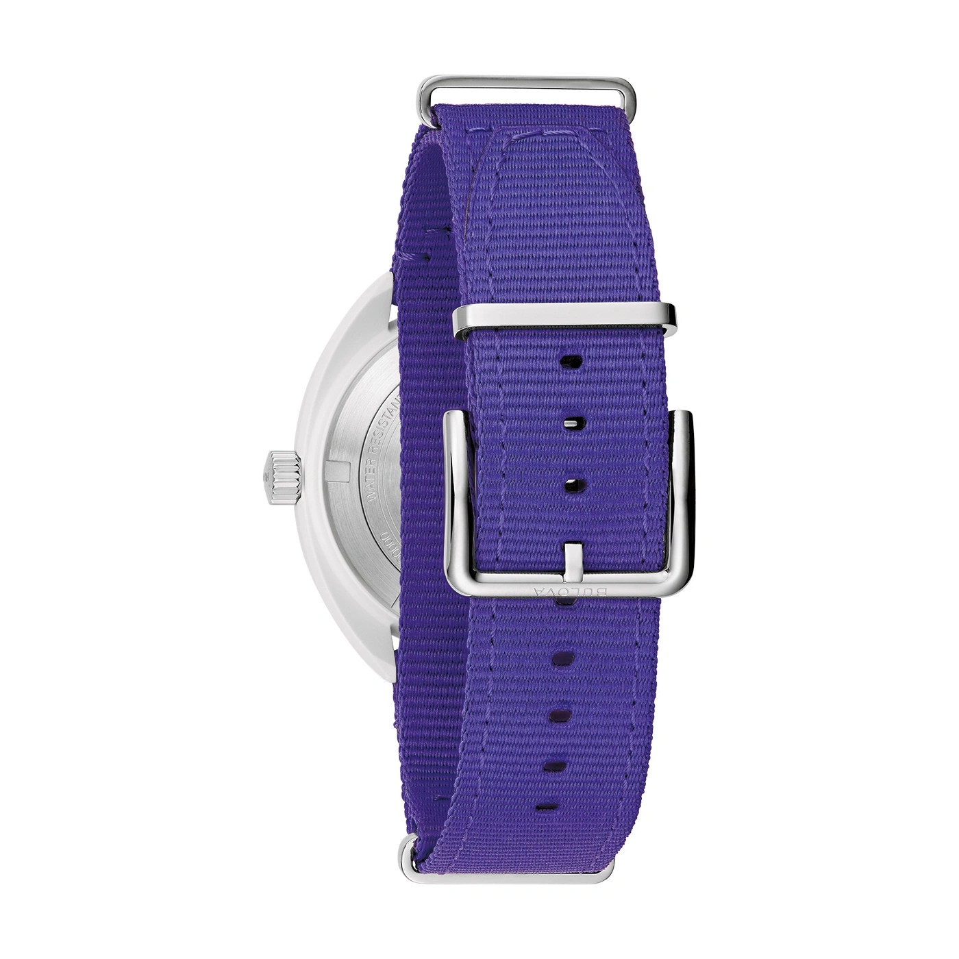 Nahaufnahme einer lila Uhr mit silbernen Details und Armband