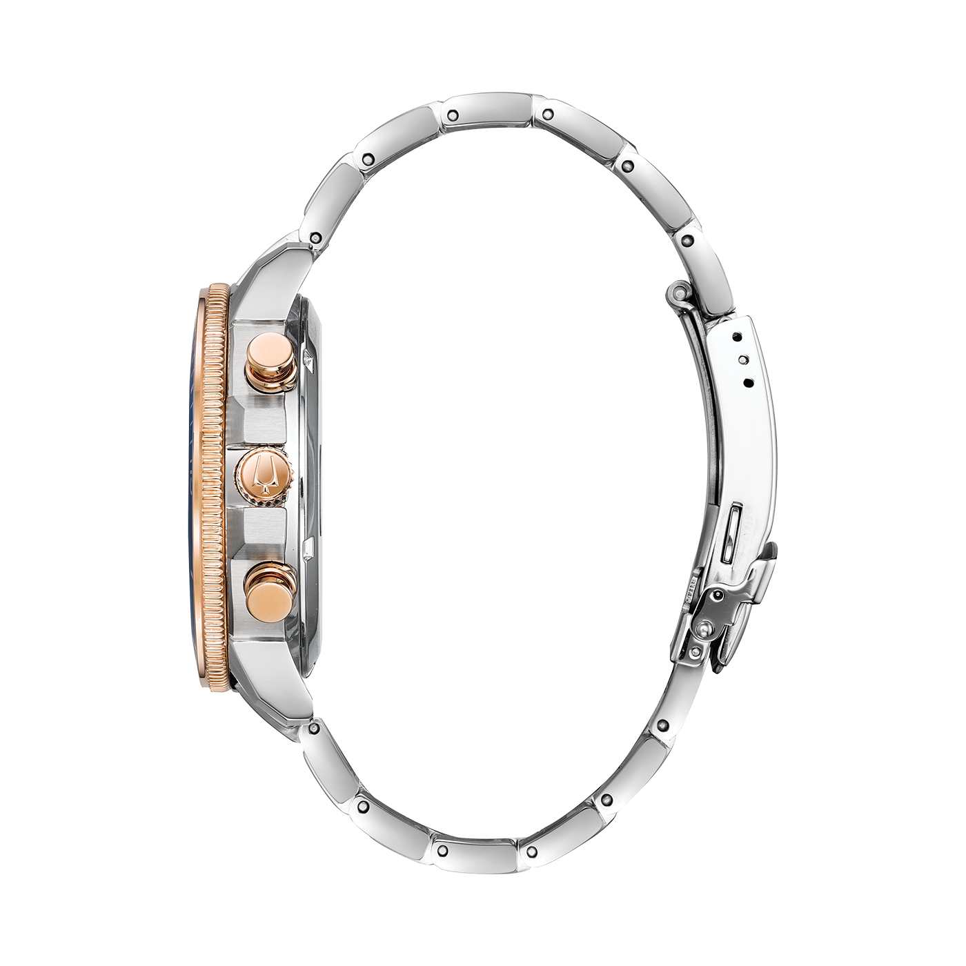 Uhr, silbernes Armband, roségoldfarbene Details, Seitenansicht, elegantes Design.