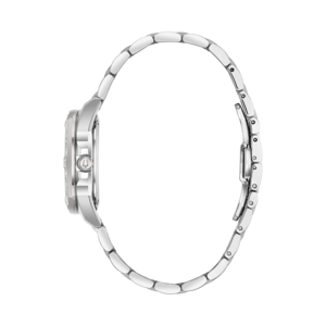 Silberne Damenuhr mit Diamanten und Armband, Seitenansicht, elegant
