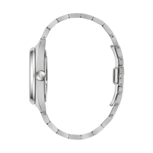 Silberne Uhr mit Armband, Seitenansicht, elegantes Design, Detailaufnahme, Accessoire