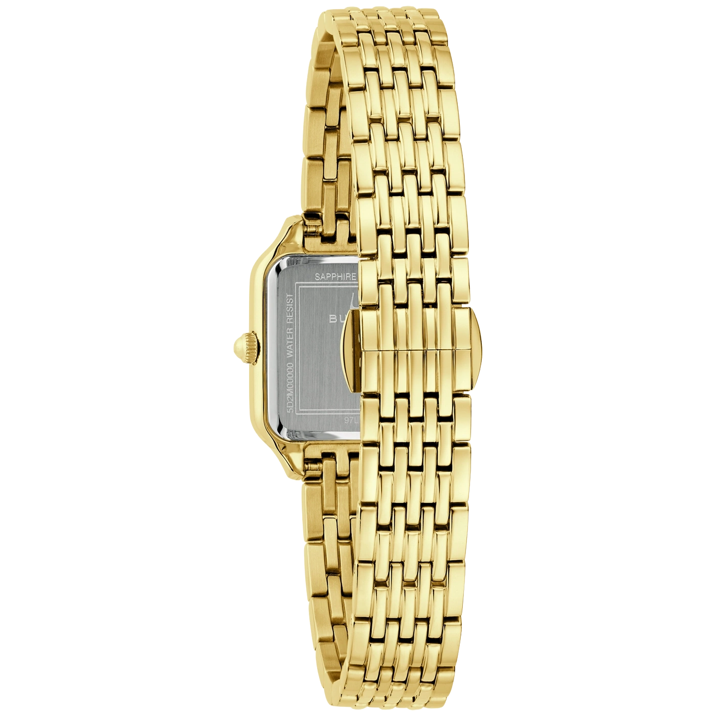 Goldene Damenuhr mit rechteckigem Gehäuse und Gliederarmband
