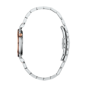 Uhr, silbernes Armband, roségoldfarbenes Zifferblatt, Seitenansicht, elegantes Design, Accessoire