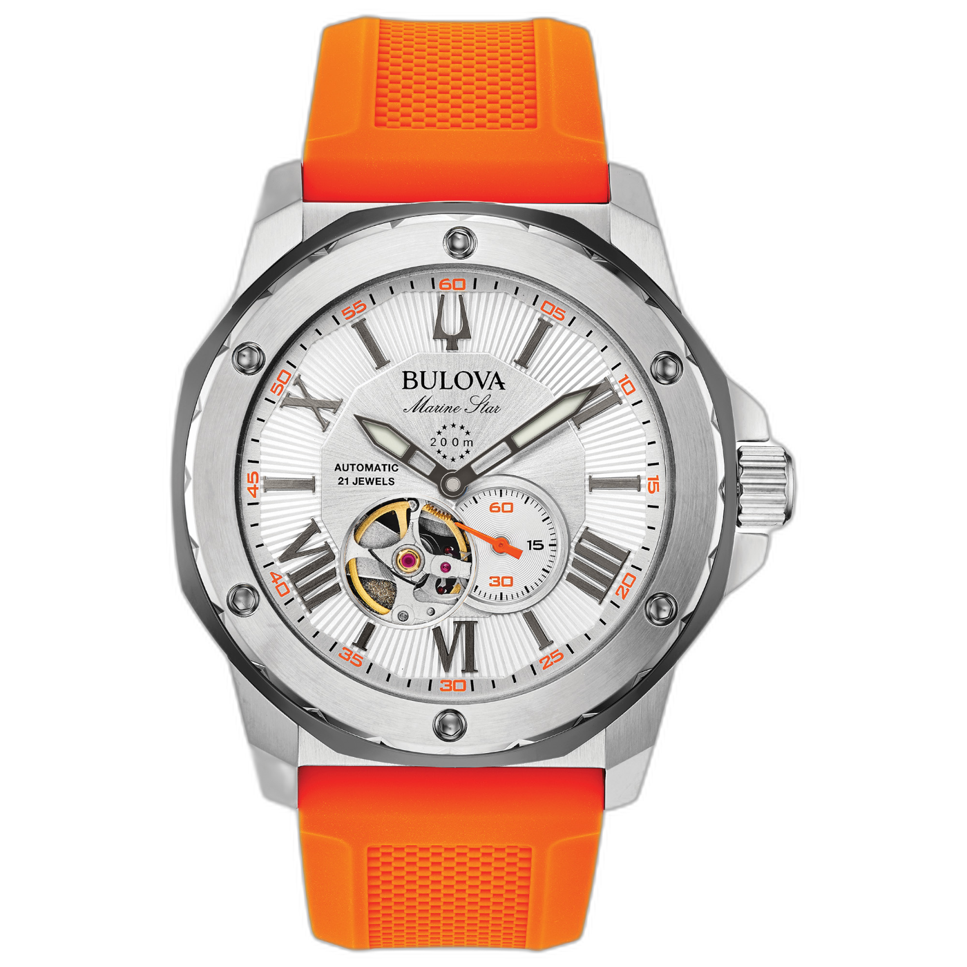 Bulova Marine Star Uhr mit orangefarbenem Armband und schwarzem Hintergrund.