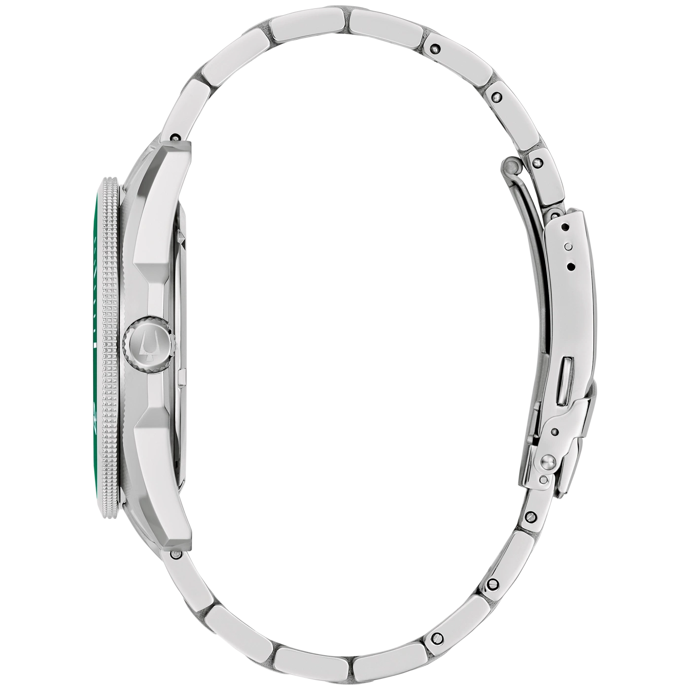Seitenansicht einer silbernen Armbanduhr mit grünem Zifferblatt und Armband.