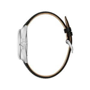 Uhr mit schwarzem Lederarmband, Seitenansicht, silbernes Gehäuse, Detailaufnahme
