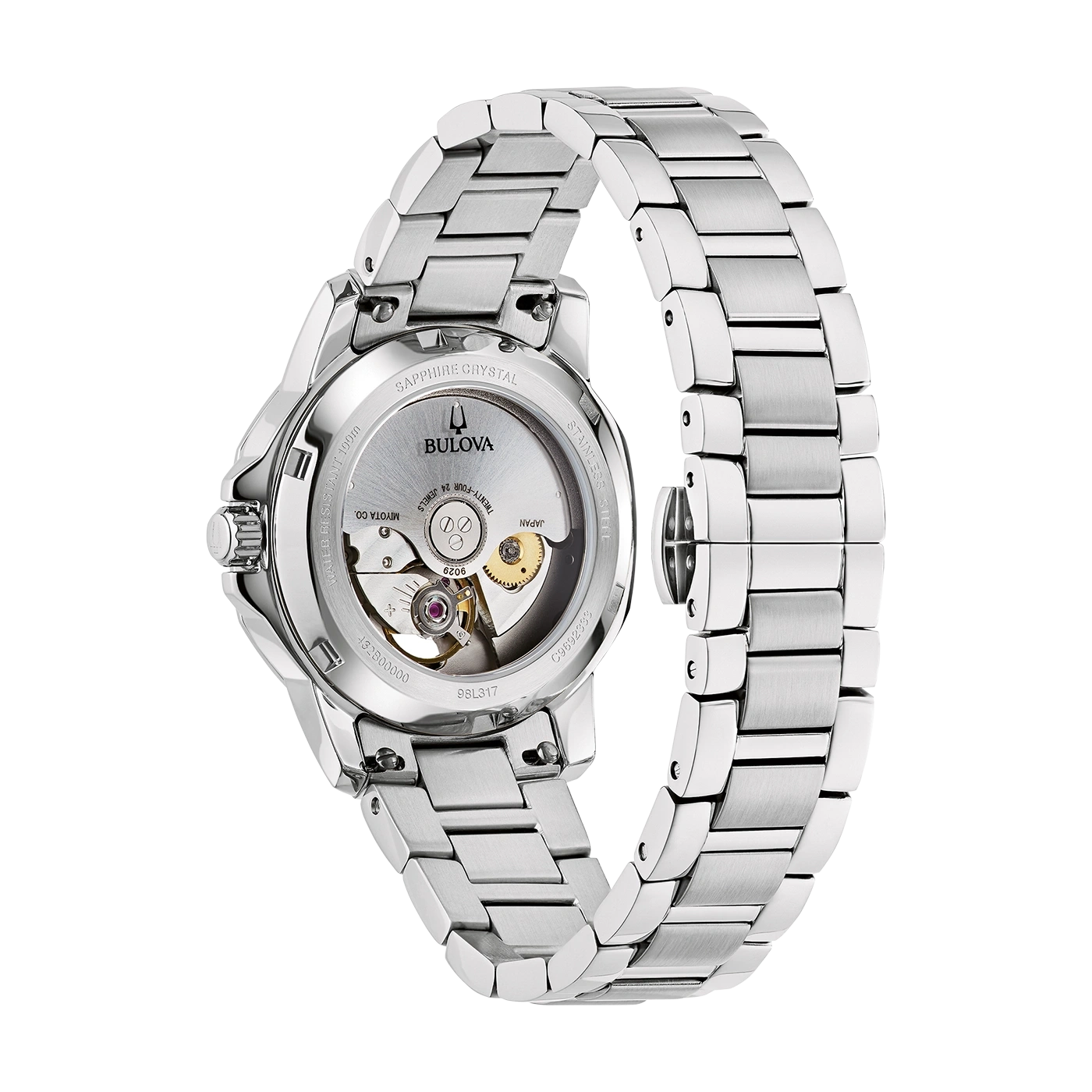 Bulova-Uhr, Edelstahl, Saphirglas, wasserdicht bis 100m, japanisches Uhrwerk, 24 Juwelen.