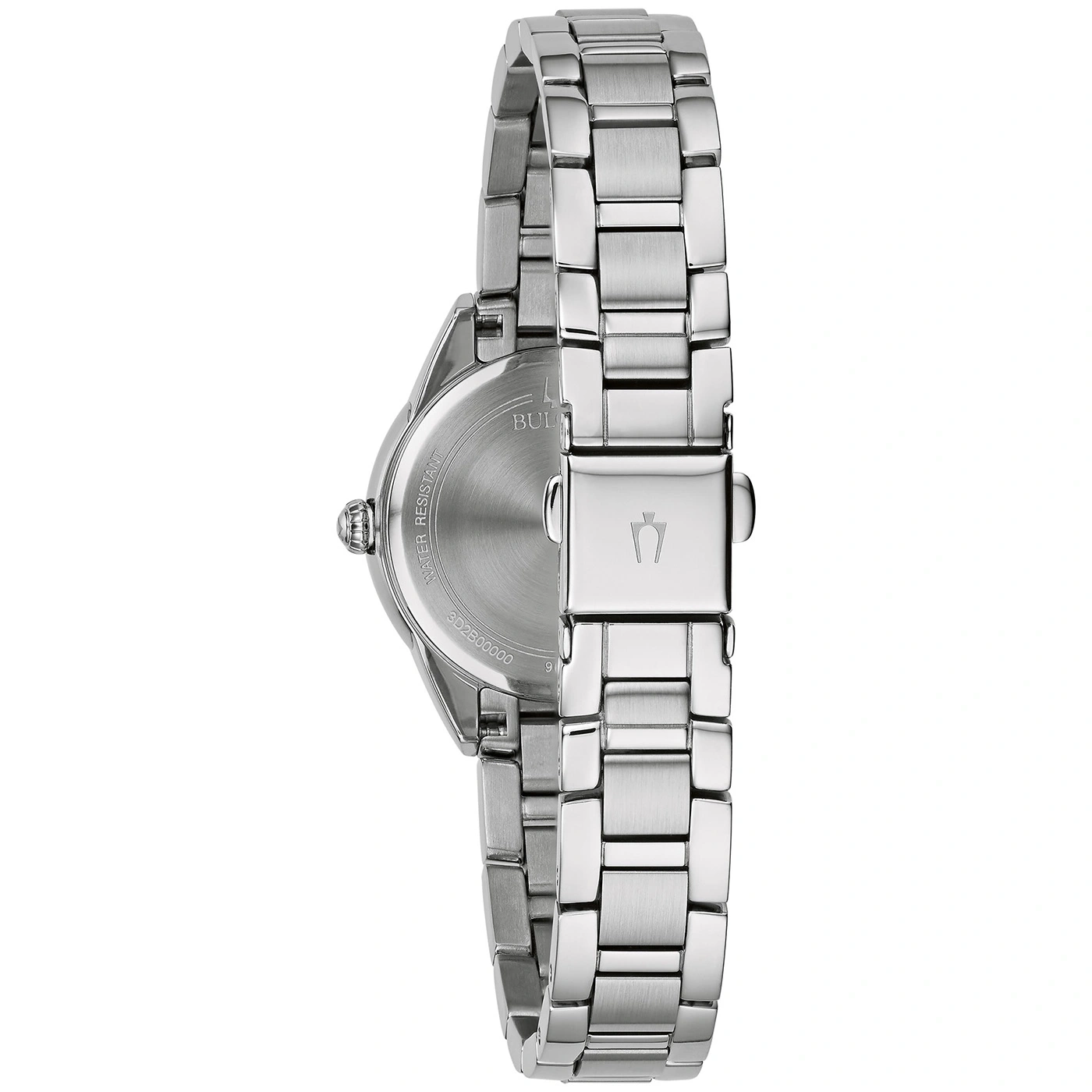 Silberne Uhr mit Metallarmband, Detailaufnahme, Rückseite, Bulova-Logo