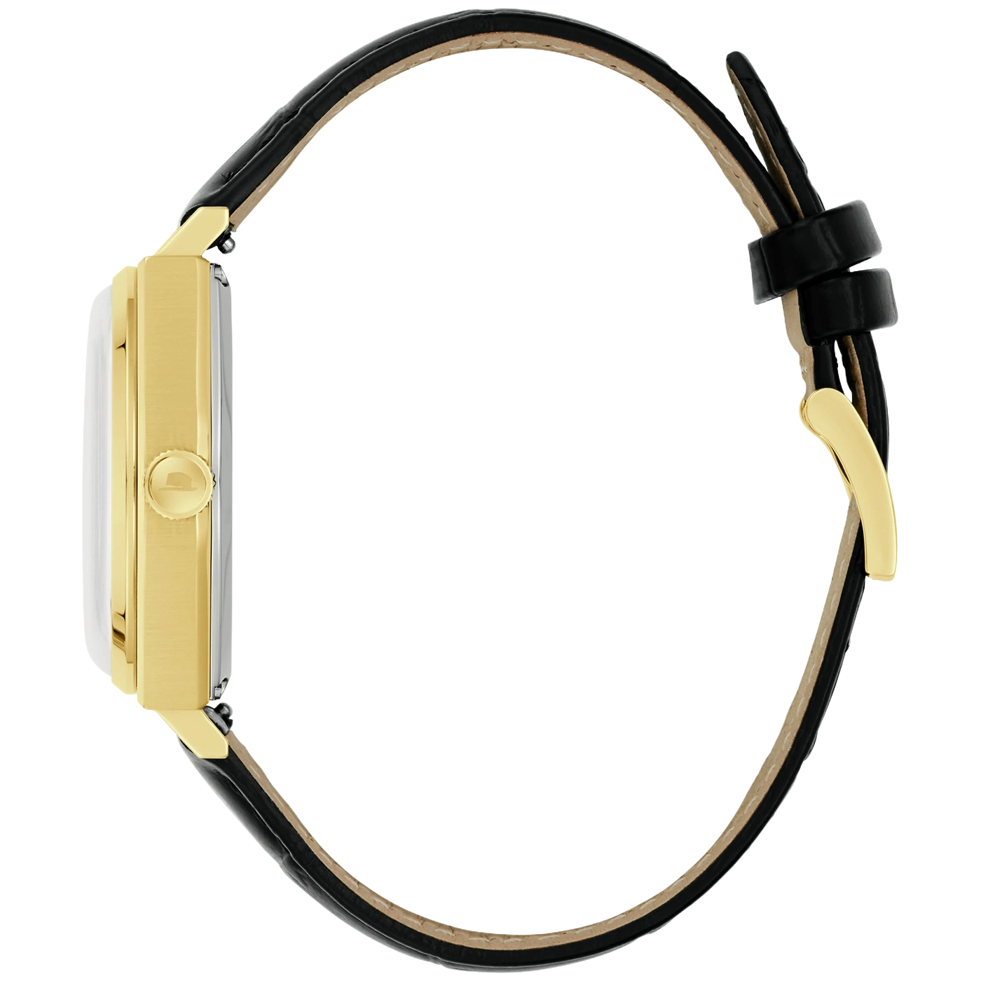 Goldene Uhr mit schwarzem Lederarmband, Seitenansicht.
