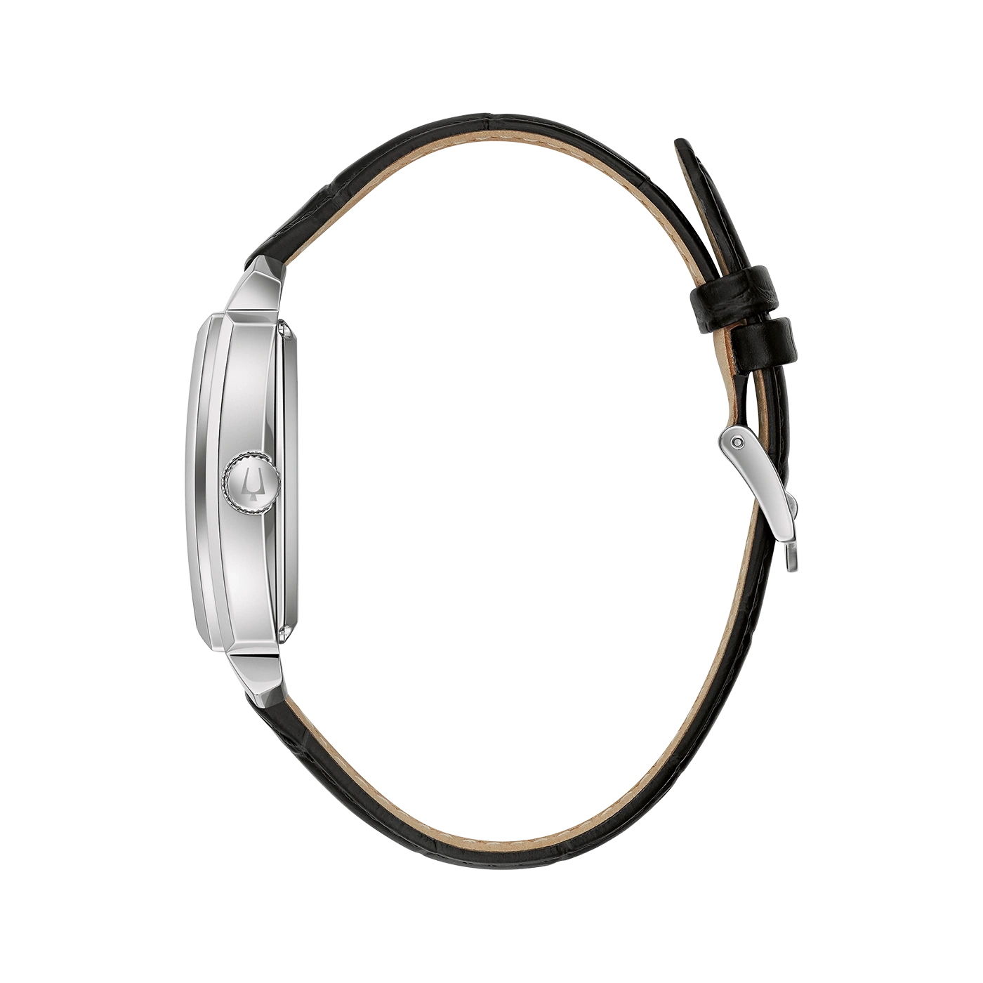 Uhr mit schwarzem Lederarmband, silbernem Gehäuse und Detailansicht