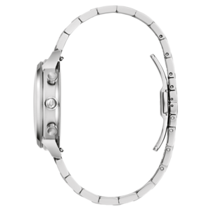 Silberne Uhr mit Armband, Seitenansicht, Detailaufnahme, elegantes Design, Accessoire