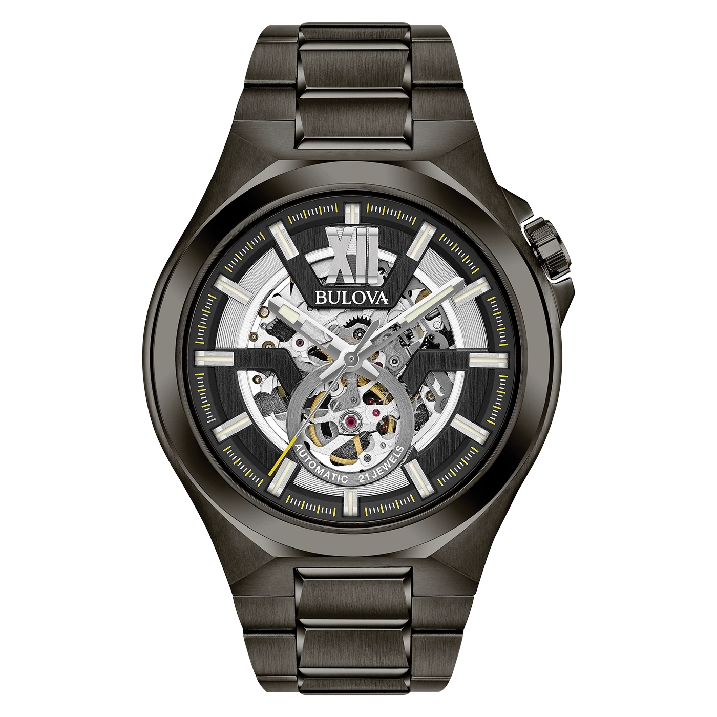 Bulova Herrenuhr, skelettiertes Zifferblatt, Automatik, 21 Jewels, dunkelgrau