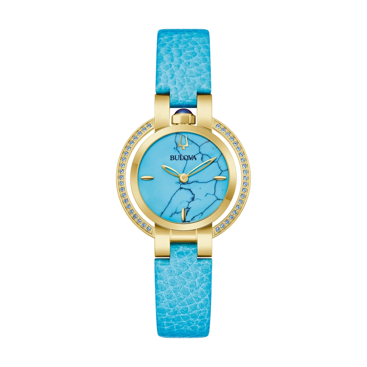 Bulova Damenuhr mit türkisfarbenem Zifferblatt und blauem Lederarmband