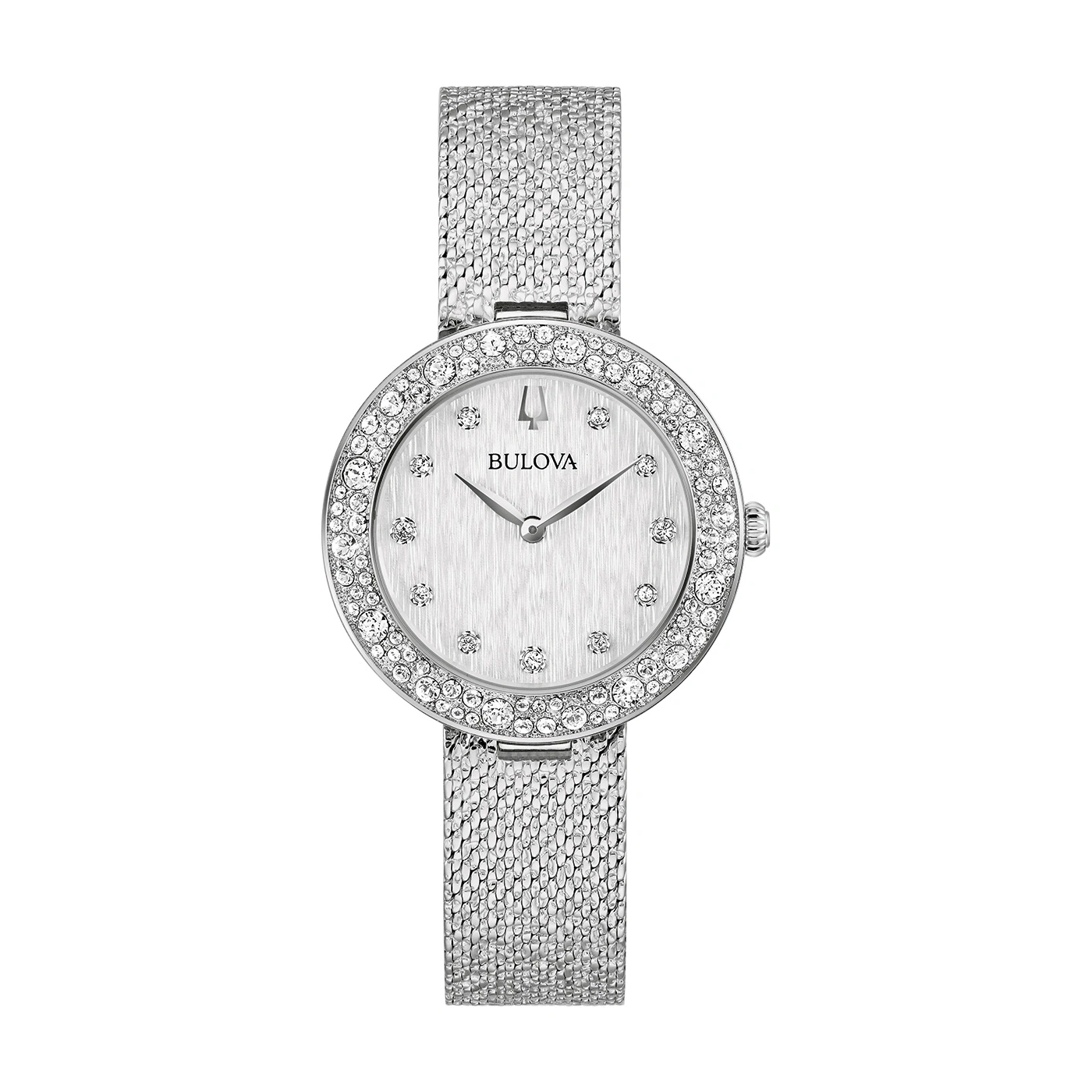 Silberne Bulova-Uhr mit Diamanten und einem weißen Zifferblatt