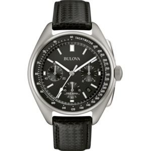 Bulova-Uhr mit schwarzem Zifferblatt und Lederarmband, Tachymeter-Funktion.