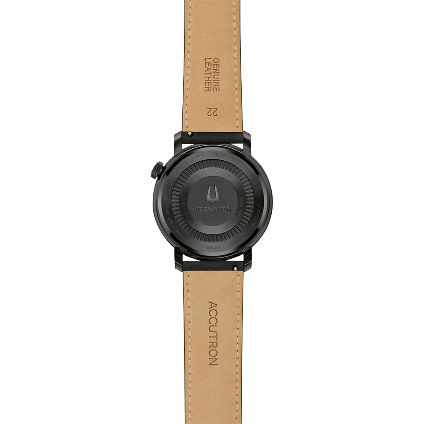Rückseite einer Accutron-Uhr mit Lederarmband und Gravuren.