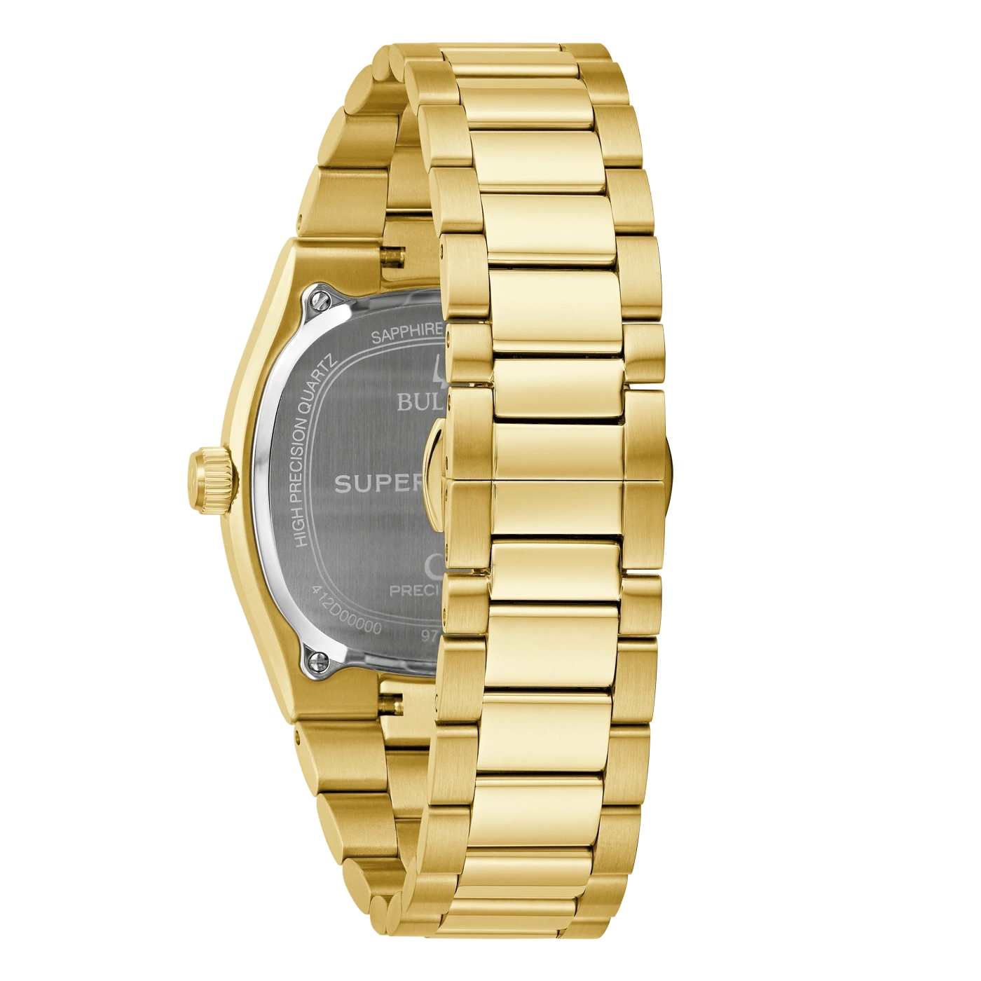 Goldene Uhr mit Armband, Detailaufnahme, Rückseite, Präzision, Saphirglas, Luxus
