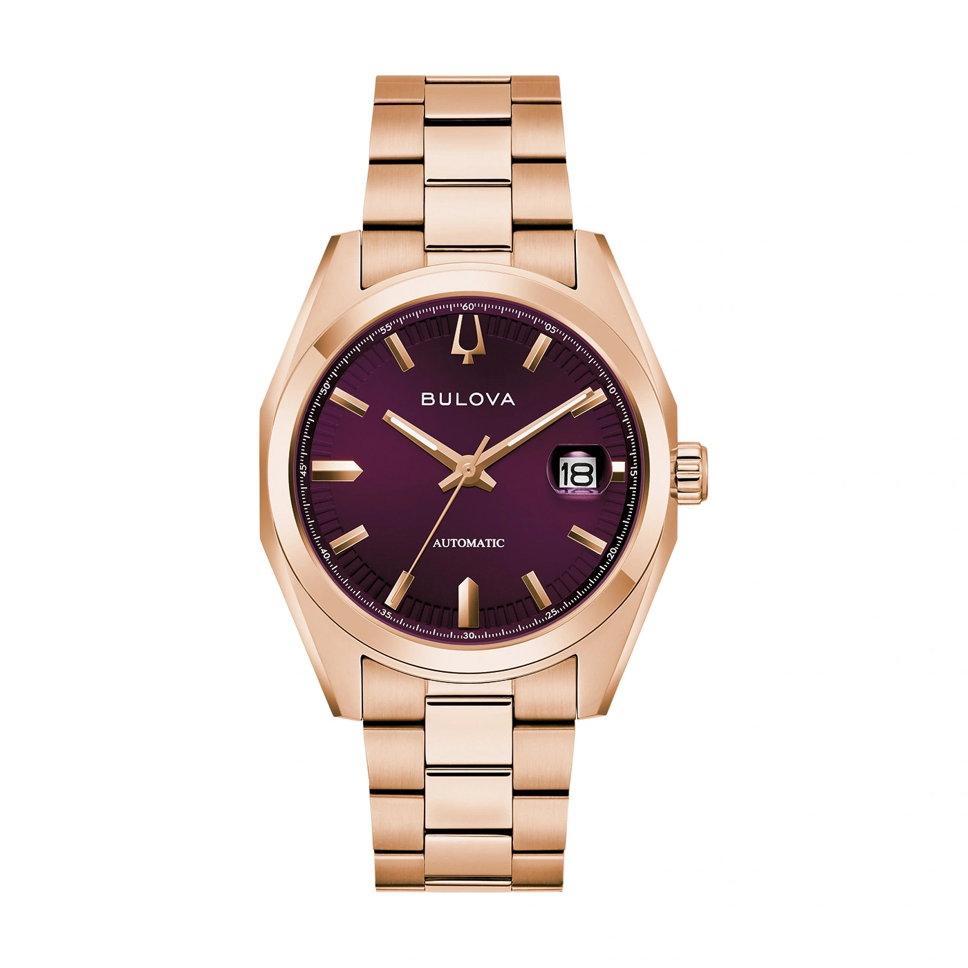 Bulova-Uhr, roségoldfarben, mit burgunderfarbenem Zifferblatt und Datumsanzeige.