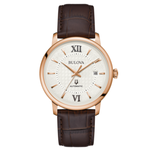 Bulova-Uhr mit braunem Lederarmband und roségoldfarbenem Gehäuse, Zifferblatt mit römischen Ziffern