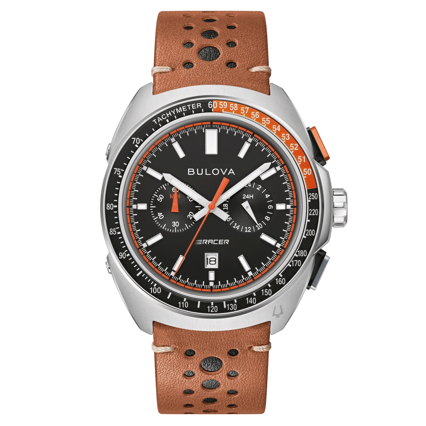 Bulova-Uhr mit schwarzem Zifferblatt, orangefarbenen Akzenten und braunem Lederarmband.