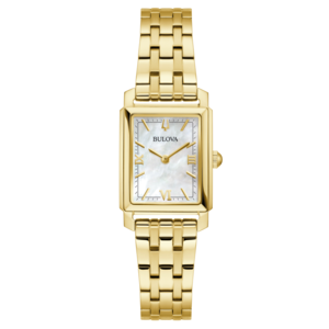 Goldene Bulova-Uhr mit rechteckigem Zifferblatt und römischen Ziffern auf weißem Hintergrund