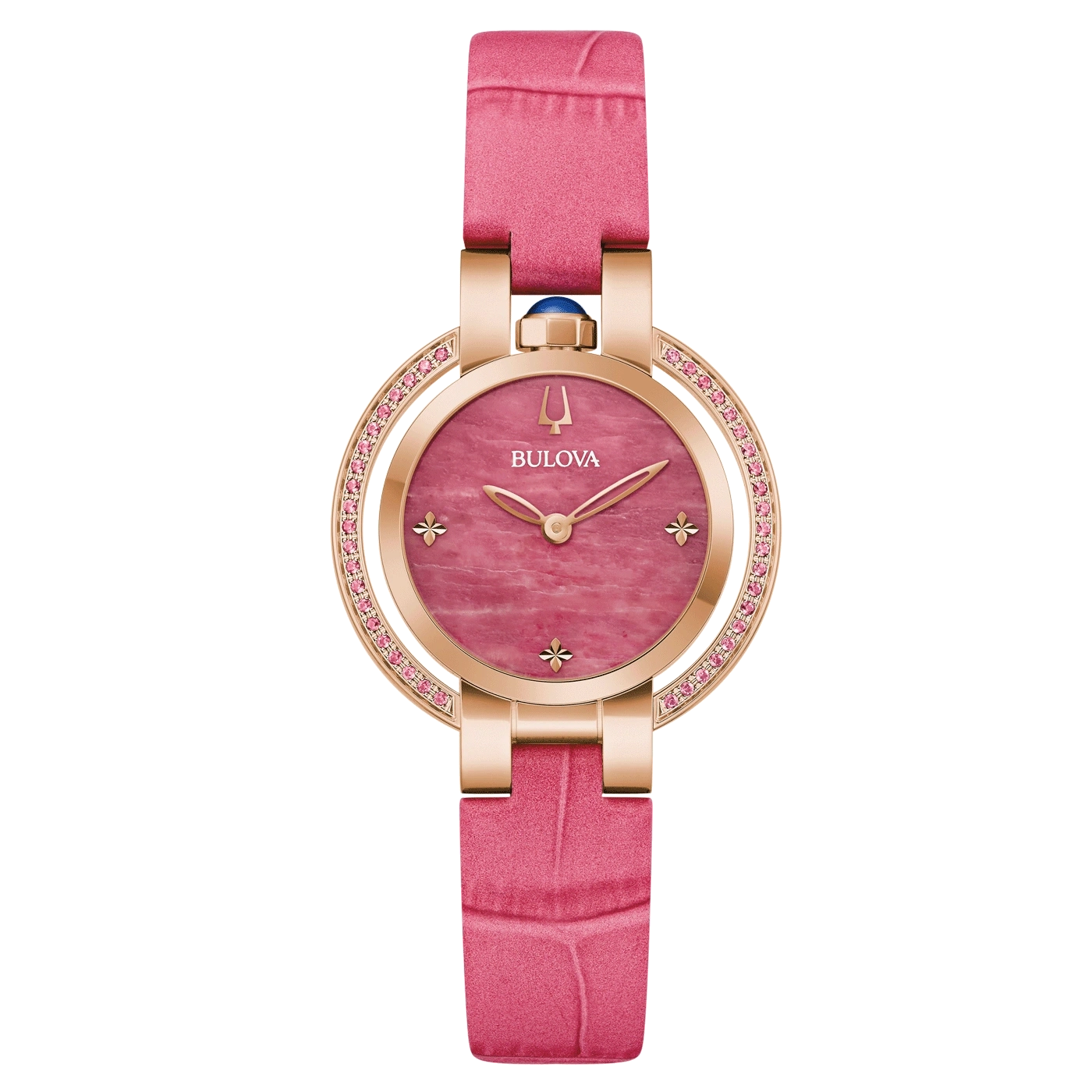 Bulova Damenuhr, rosa Zifferblatt, rosa Armband, goldfarbenes Gehäuse, Schmuck
