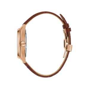 Goldene Uhr mit braunem Lederarmband, Detailaufnahme, elegantes Design, Modeaccessoire.