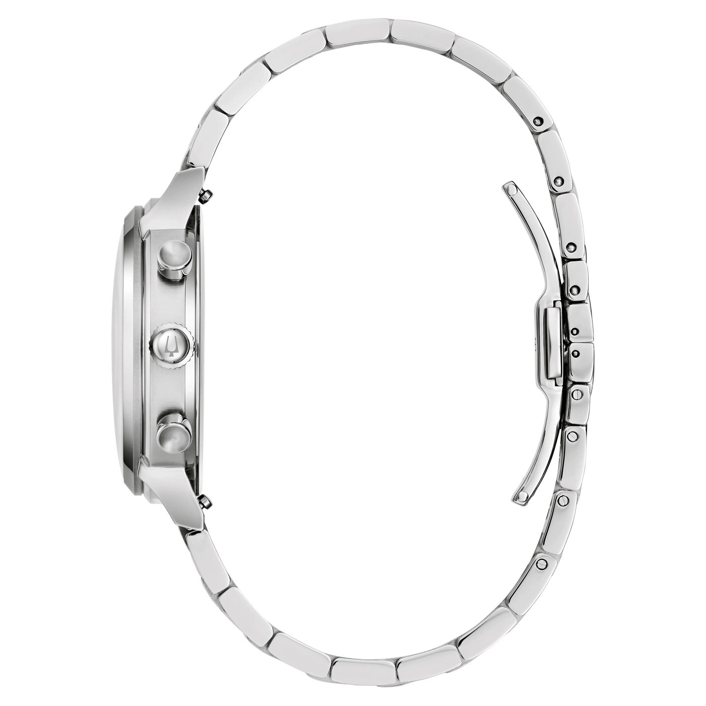 Silberne Uhr mit Armband, Seitenansicht, Detailaufnahme, elegantes Design, Accessoire